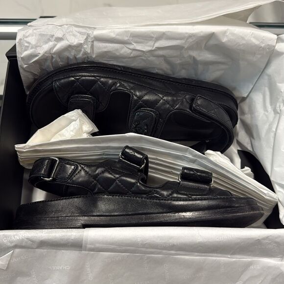 Authentic! BLACK Chanel Quilted Leather Dad Sandals box & dust covers SIZE 38C - Picture 8 of 10